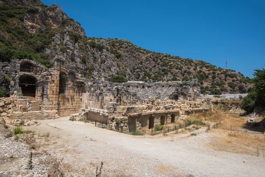 Ancient lycian Myra rock tomb ruins at Turkey Demre