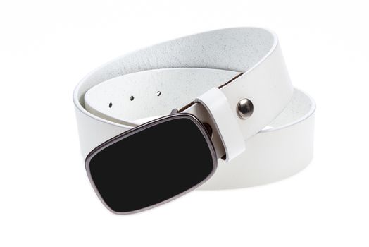 Leather white belt with metal, black buckle on white background