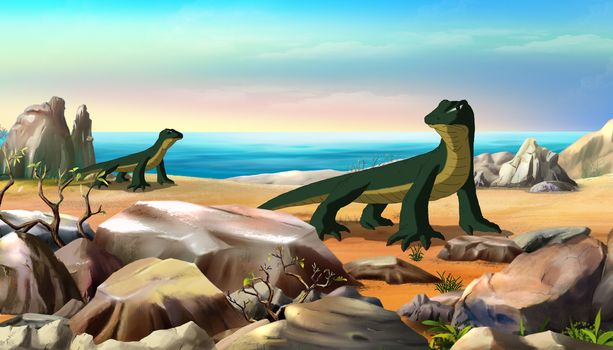 Komodo dragon (Varanus komodoensis) walks along a beach on the southern coast of Rinca Island, Indonesia. Digital painting  full color cartoon style illustration.