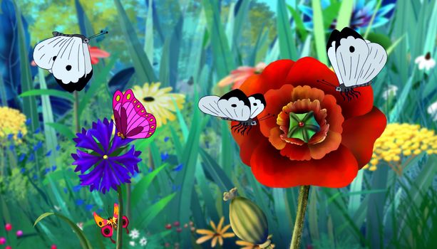 White  Butterfly Flew on a Flower. Digital painting  cartoon style full color illustration.