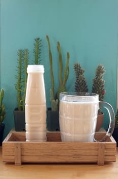 Soybean milk in wooden box