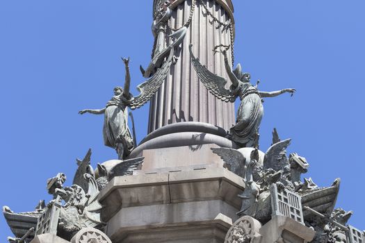 Details of Columbus Monument, Barcelona, Spain. Bronze statue  sculpted by Rafael Atche, situated on top of a 40-meter Corinthian column.