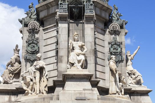 Details of Columbus Monument, Barcelona, Spain. Bronze statue  sculpted by Rafael Atche, situated on top of a 40-meter Corinthian column.