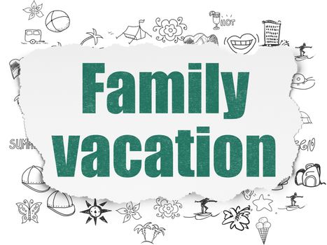 Tourism concept: Painted green text Family Vacation on Torn Paper background with  Hand Drawn Vacation Icons