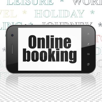 Vacation concept: Smartphone with  black text Online Booking on display,  Tag Cloud background, 3D rendering