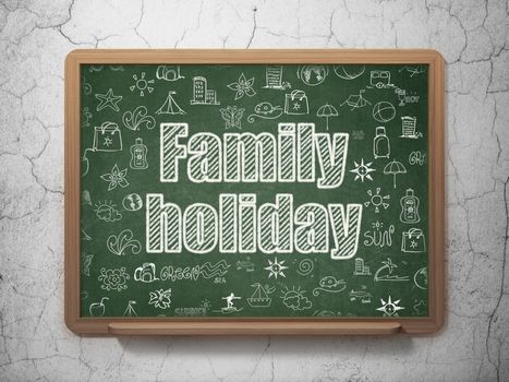 Travel concept: Chalk White text Family Holiday on School board background with  Hand Drawn Vacation Icons, 3D Rendering