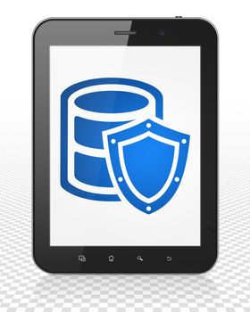 Database concept: Tablet Pc Computer with blue Database With Shield icon on display, 3D rendering