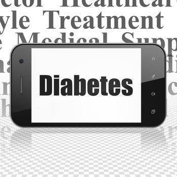 Medicine concept: Smartphone with  black text Diabetes on display,  Tag Cloud background, 3D rendering