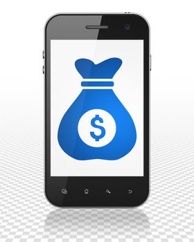 Finance concept: Smartphone with blue Money Bag icon on display, 3D rendering
