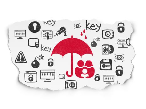 Protection concept: Painted red Family And Umbrella icon on Torn Paper background with  Hand Drawn Security Icons