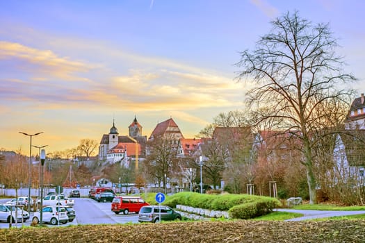 Besigheim, Germany - December 27, 2016: View of the old historic city district after sunset.