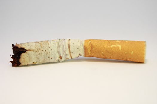 Single isolated used cigarette butt on white background