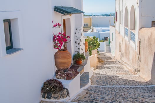 View of the Traditional greek street with white houses
