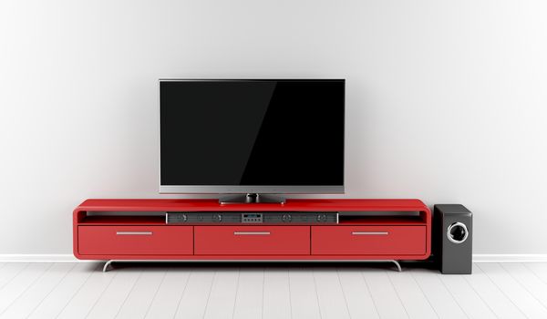 Tv with soundbar and subwoofer on tv stand 
