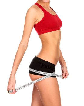 Thin woman with tape measure, isolated on a white background
