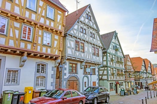 Besigheim, Germany - December 27, 2016: Half-timbered houses in the old historic city district.