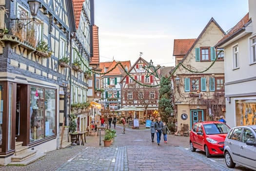Besigheim, Germany - December 27, 2016: Half-timbered houses in the old historic city district.