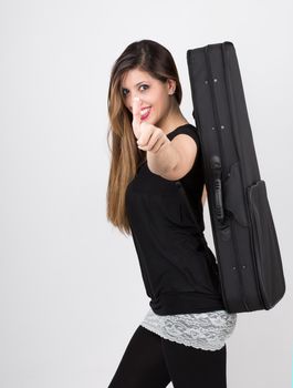 student girl with her instrument case say ok 