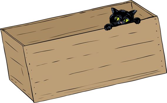 Hand drawn illustration of cute black kitten peeking from inside of wooden crate