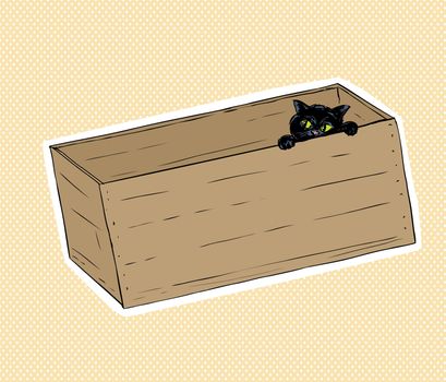 Hand drawn illustration of cute black kitten peeking from inside of wooden crate