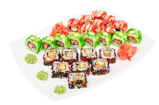 Uramaki maki sushi set assorrted rolls isolated on white. Multi colored tobiko, philadelphia cheese, avocado, eel, salmon and nori