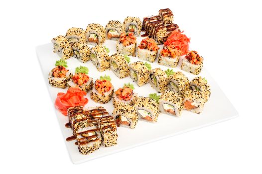 Maki sushi set assorrted rolls isolated on white. Salmon, philadelphia cheese, avocado, eel, nori and sesame seeds