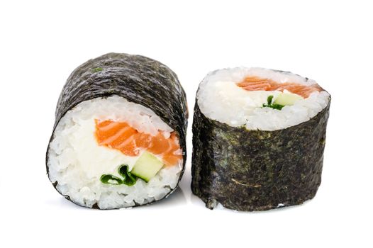 Maki sushi, two rolls isolated on white. Philadelphia cheese, nori, salmon, green onion and cucumber