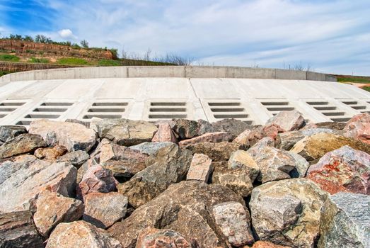 Massive stone breakwater along coast of Odessa, Ukraine