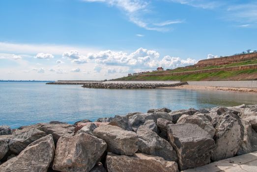 Massive stone breakwater along coast of Odessa, Ukraine