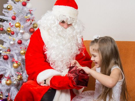Little girl joyfully opens a gift that keeps grandfather frost