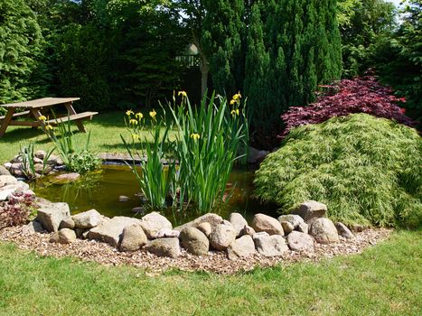 Beautiful classical garden fish pond surrounded by grass gardening background   