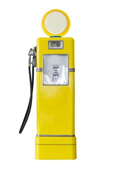 Old yellow petrol gasoline pump isolate on white background