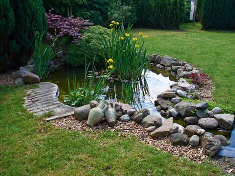 Beautiful classical garden fish pond surrounded by grass gardening background