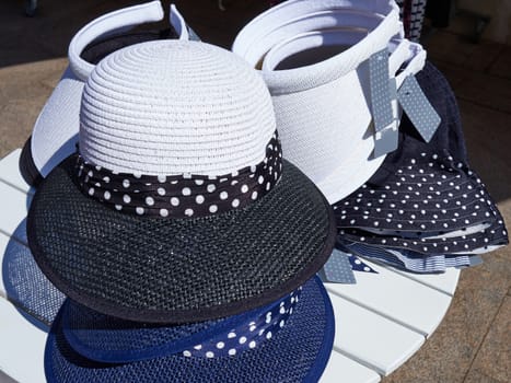 Retro vintage fashion women's hats in a shop display                               