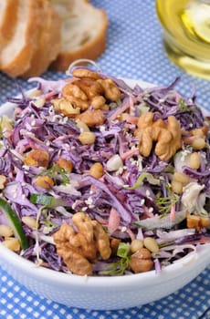 salad of shredded red cabbage with nuts in milk sauce