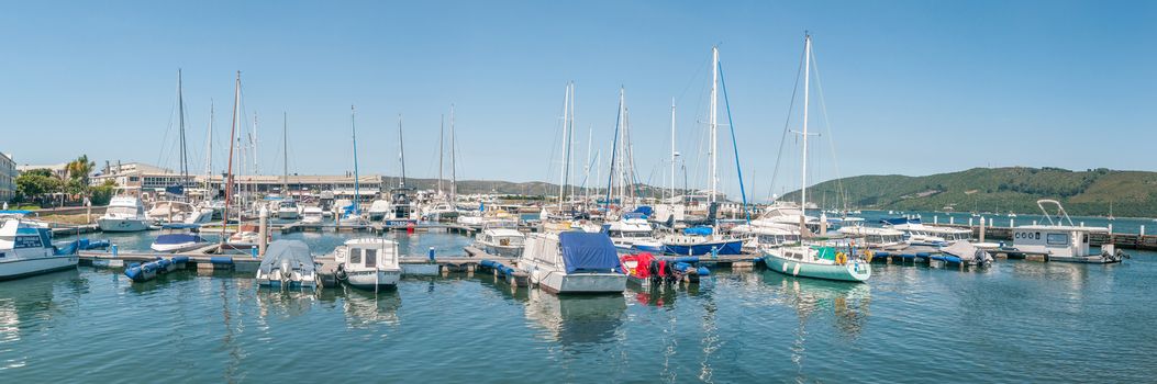 KNYSNA, SOUTH AFRICA - MARCH 3, 2016: Panorama of the yacht harbor at the waterfront in the Knysna Lagoon