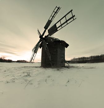 Old wooden windmills at Pirogovo ethnographic museum, near Kiev, Ukraine