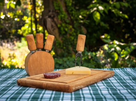 Sausage and cheese on a wooden chopping board outside in summer