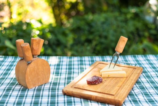 Sausage and cheese on a wooden chopping board outside in summer