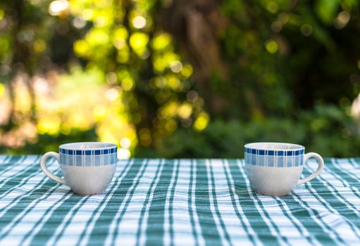 Two little cups of coffee on a table in a garden