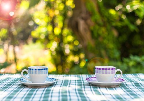 Two little cups of coffee on a table in a garden with a lens flare