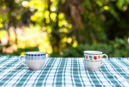 Two little cups of coffee on a table in a garden