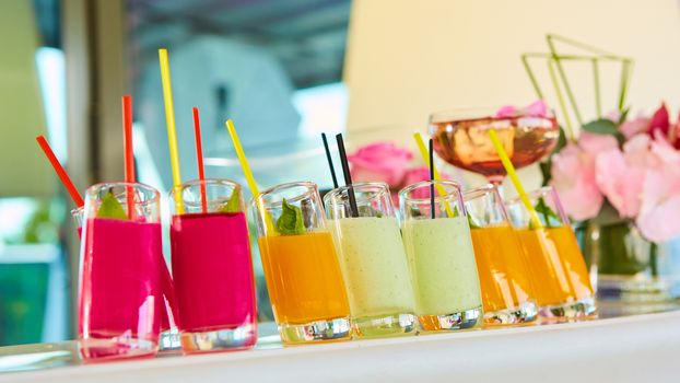 Set of different vegetable juices on the bar. The concept of healthy food