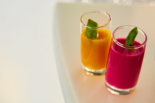 Set of different vegetable juices on the bar. The concept of healthy food