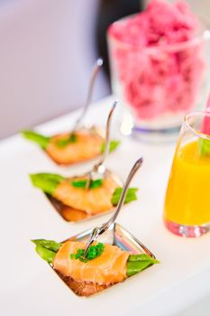 Appetizer plate of sauteed asparagus wrapped in thin slices of smoked salmon and different vegetable juice . Closeup with selective focus and shallow depth of field.
