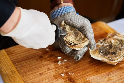 Fresh oyster held open with a oyster knife in a hand with an oyster glove