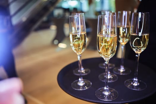 Full glasses of Champagne on tray. Shallow dof