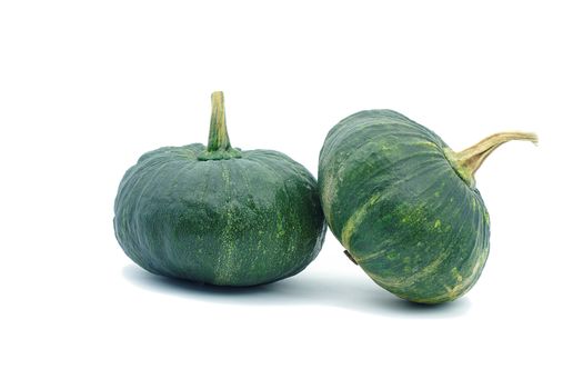 Double green pumpkin on white background. Two small green pumpkin on white background. object side view.