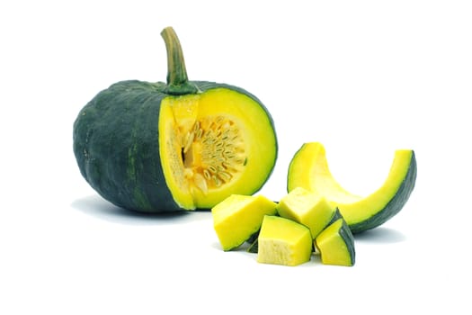 Sliced raw yellow pumpkin on white background. Sliced yellow pumpkin and green pumpkin for use as cooking ingredients