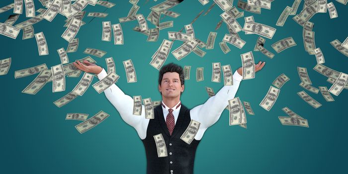 Corporate Business Man Catching Money Falling From the Sky in US Dollars